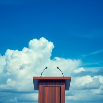 wooden podium with microphones under a blue sky photo