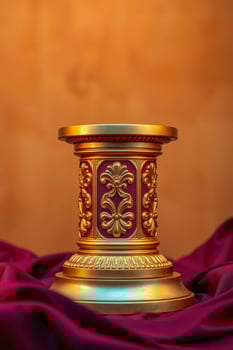 golden pedestal with maroon accents rests on maroon silk. photo
