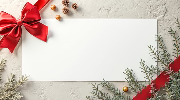 blank white card with red ribbon evergreen decor photo