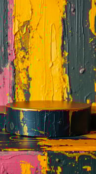 dark-blue cylindrical platform with golden accents on a vibrant painted background photo