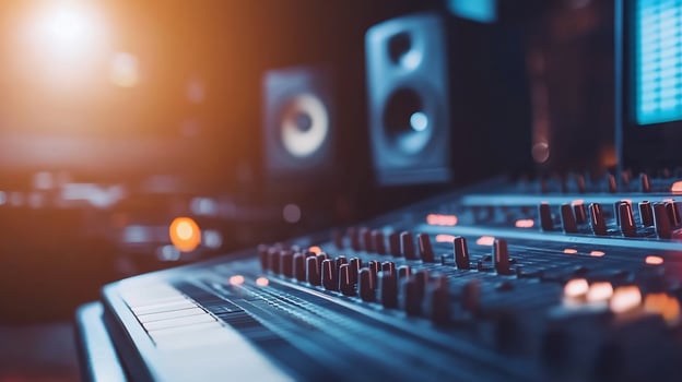 A close-up of a music production setup with mixer and speakers. photo