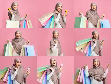 A cheerful woman wearing a hijab happily showcases colorful shopping bags and enjoys discounts during a sale. The collage highlights joyful expressions in a festive shopping atmosphere. photo