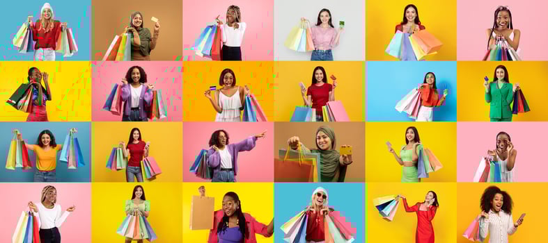 A vibrant collection of people joyfully displaying shopping bags, showcasing excitement for sales and discounts during Black Friday. The colorful backdrop enhances the festive shopping atmosphere. photo