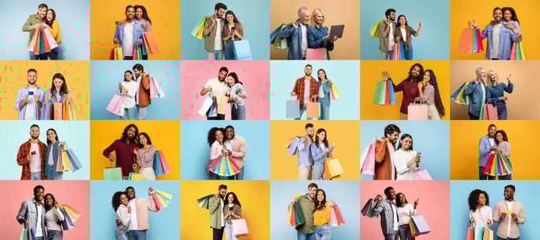 Groups of people joyfully celebrate their shopping experiences with colorful bags. This collage captures the festive spirit of Black Friday, showcasing consumerism and excitement. photo