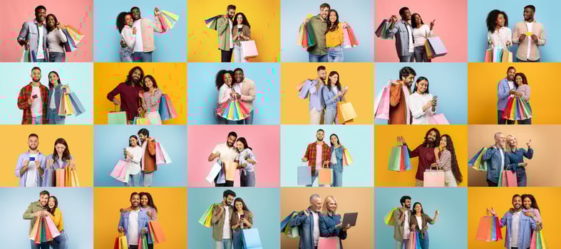 A vibrant collection of people joyfully shopping during Black Friday. Each group displays colorful shopping bags, emphasizing the excitement of great discounts and consumer culture. photo