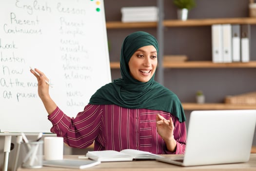 Online Education Concept. Portrait of smiling lady arabic teacher in hijab pointing at whiteboard, explaining English grammar rules to students. Excited woman looking at laptop screen, talking photo