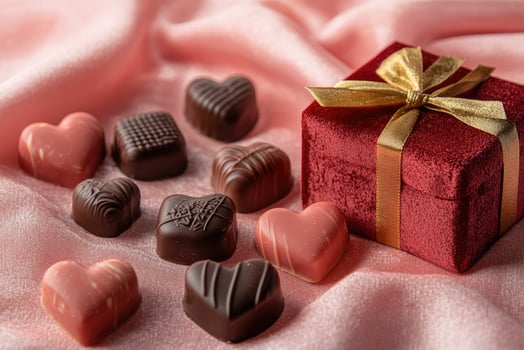 Heart-shaped chocolates and gift box resting on pink satin for valentine's day photo