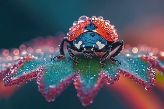 Ladybug walking on wet leaf at sunset photo