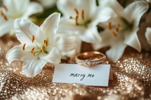 Golden engagement ring with marry me card and white lilies on gold sequins photo