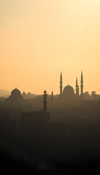 A silhouette of a Middle Eastern city skyline showcasing ancient domed buildings and historic minarets against a foggy, gray background during a summer afternoon, with shadows stretching long photo