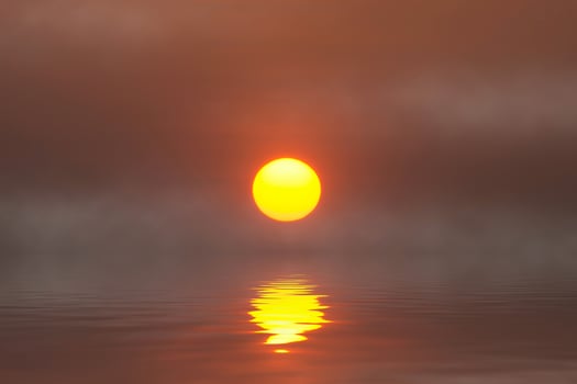 Sunset reflection at the lake with soft mist. photo