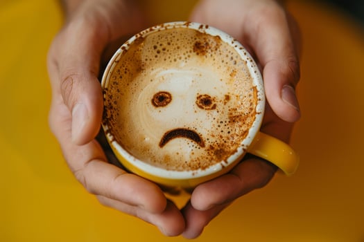 A person holding a cup of coffee with a sad face drawn on it photo