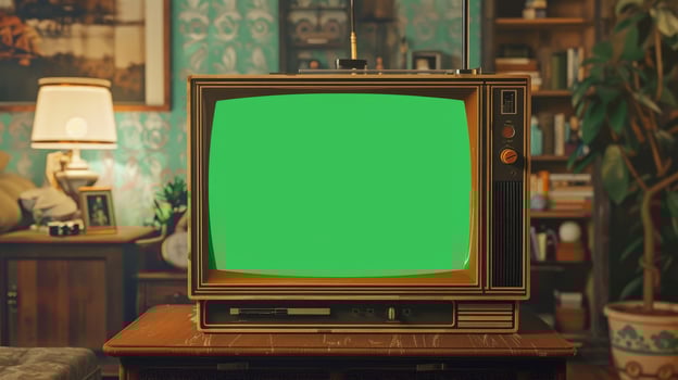 An old television with a green screen in front of a couch photo
