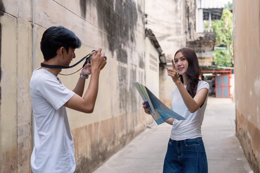 Traveling couple historic alleyways urban adventure vibrant environment engaging perspective photo