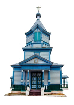Wooden church isolated on white background. The old chapel is blue. photo