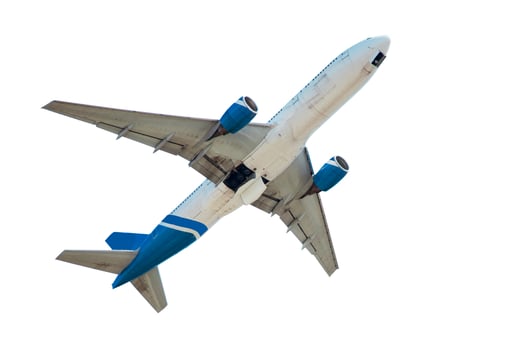 White plane isolated on white background. The charter passenger plane is flying photo