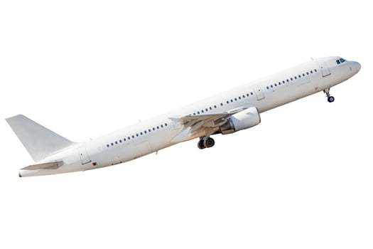 White plane isolated on white background. The charter passenger plane is flying photo