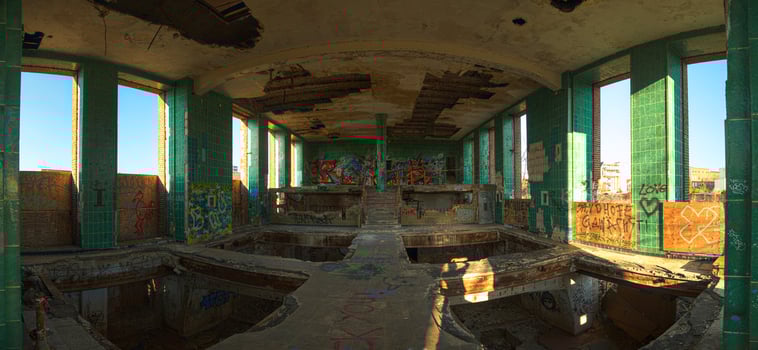Empty tiled hall of a long abandoned brewery in Germany photo