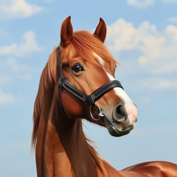 Beautiful chestnut horse standing against a clear blue sky with clouds photo