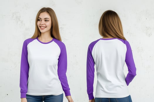 Simple and Trendy, Purple-Sleeved Raglan Shirt Modeled by a Woman photo