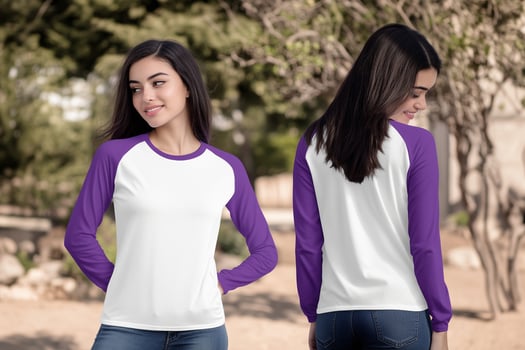Comfort Meets Style, Woman in a White and Purple Long-Sleeve Raglan Tee photo