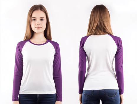 Versatile Raglan Style, Purple and White Shirt Worn by a Woman photo