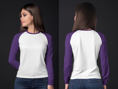 Modern Women's Outfit, White Raglan Shirt with Purple Sleeves photo