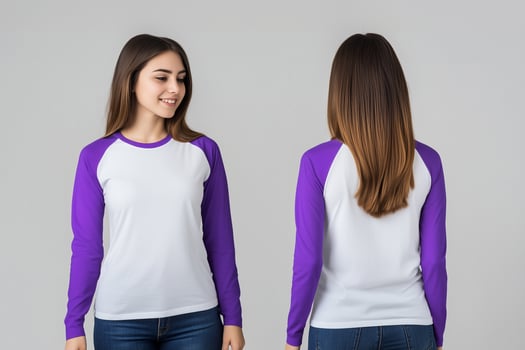 White and Purple Raglan Long-Sleeve Tee Modeled by a Woman photo