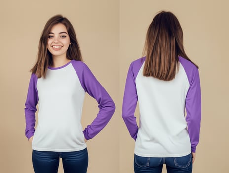 Woman in a White Raglan Shirt with Purple Sleeves, Front and Back View photo