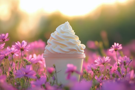 A cup of ice cream sitting in a field of flowers photo