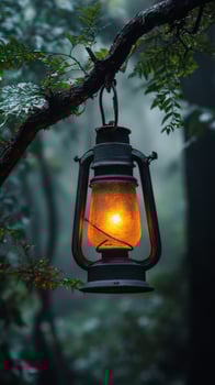 An old lantern hanging from a tree in the woods photo
