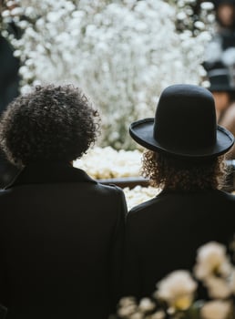 Two people in black hats sitting in a cemetery photo