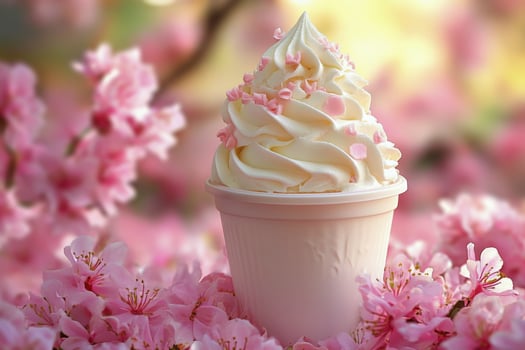 An ice cream cup with whipped cream and pink flowers photo