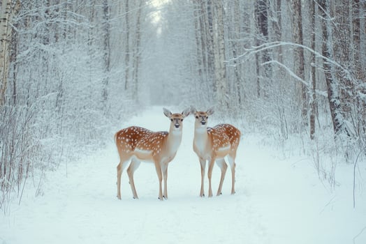 Two sika deer standing on snowy path in winter forest photo