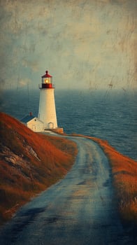 A white lighthouse on a hill overlooking the ocean photo