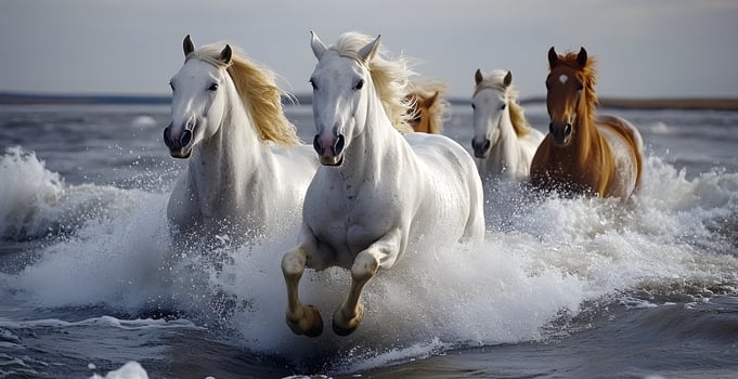 White horses galloping in the ocean waves with a brown horse photo