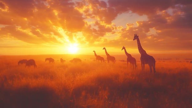 Giraffes and wildebeests enjoying golden sunset in african savanna photo