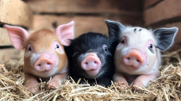 Three piglets resting on straw in a wooden enclosure photo