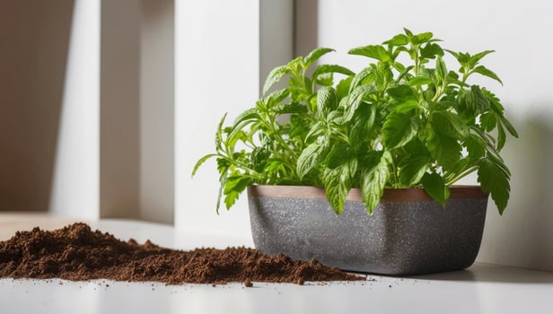 A plant is in a small pot with dirt and water, green and healthy. The pot is on a white surface. photo