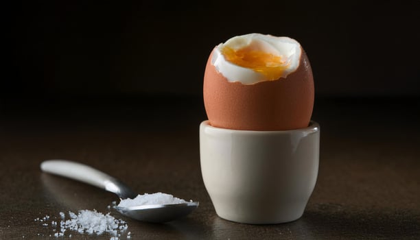 soft-boiled egg in ceramic egg cup with a golden yolk served with a spoon and coarse salt on a dark table photo