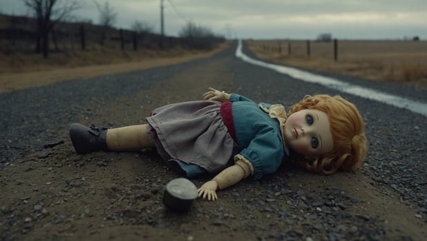 a doll laying on the road in a field photo