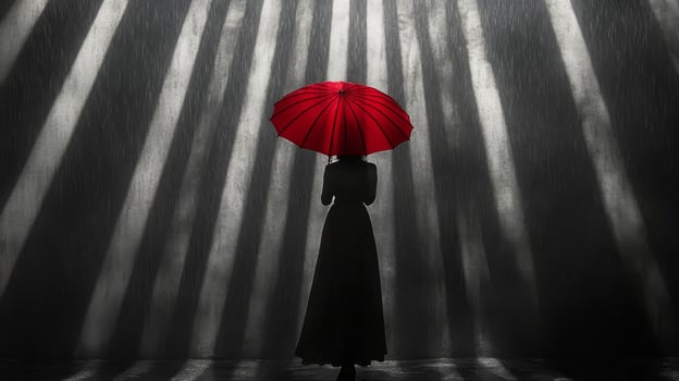 Woman holding a red umbrella in the rain during a nighttime setting photo