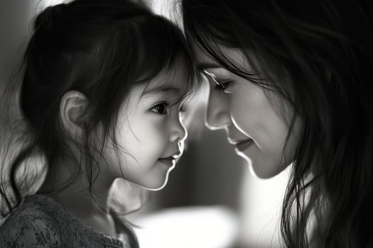 Intimate moment between mother and daughter captured in soft monochrome light photo