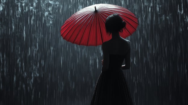 Woman holding a red umbrella in the rain during a nighttime setting photo