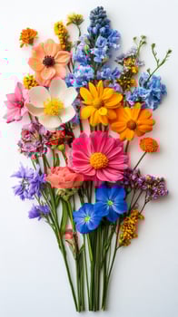 Colorful floral arrangement with various blooms on a white background in natural light photo