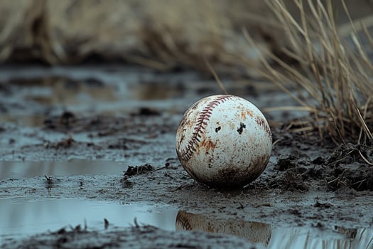Rain-soaked baseball resting on muddy ground during a gloomy day in an empty park photo