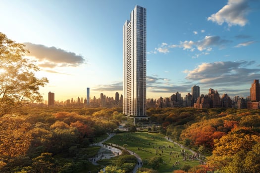 Modern green skyscraper with lush balconies overlooking urban skyline at sunset photo