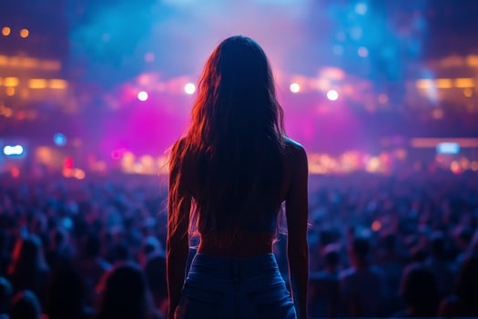 Crowd appreciation at a vibrant concert with engaged audience in the foreground photo