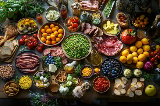 Vibrant assortment of fresh foods displayed on wooden table at local gathering during daylight hours photo
