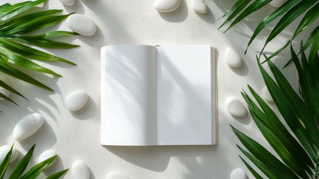 Natural arrangement of pebbles and greenery with a blank canvas ideal for creative ideas photo